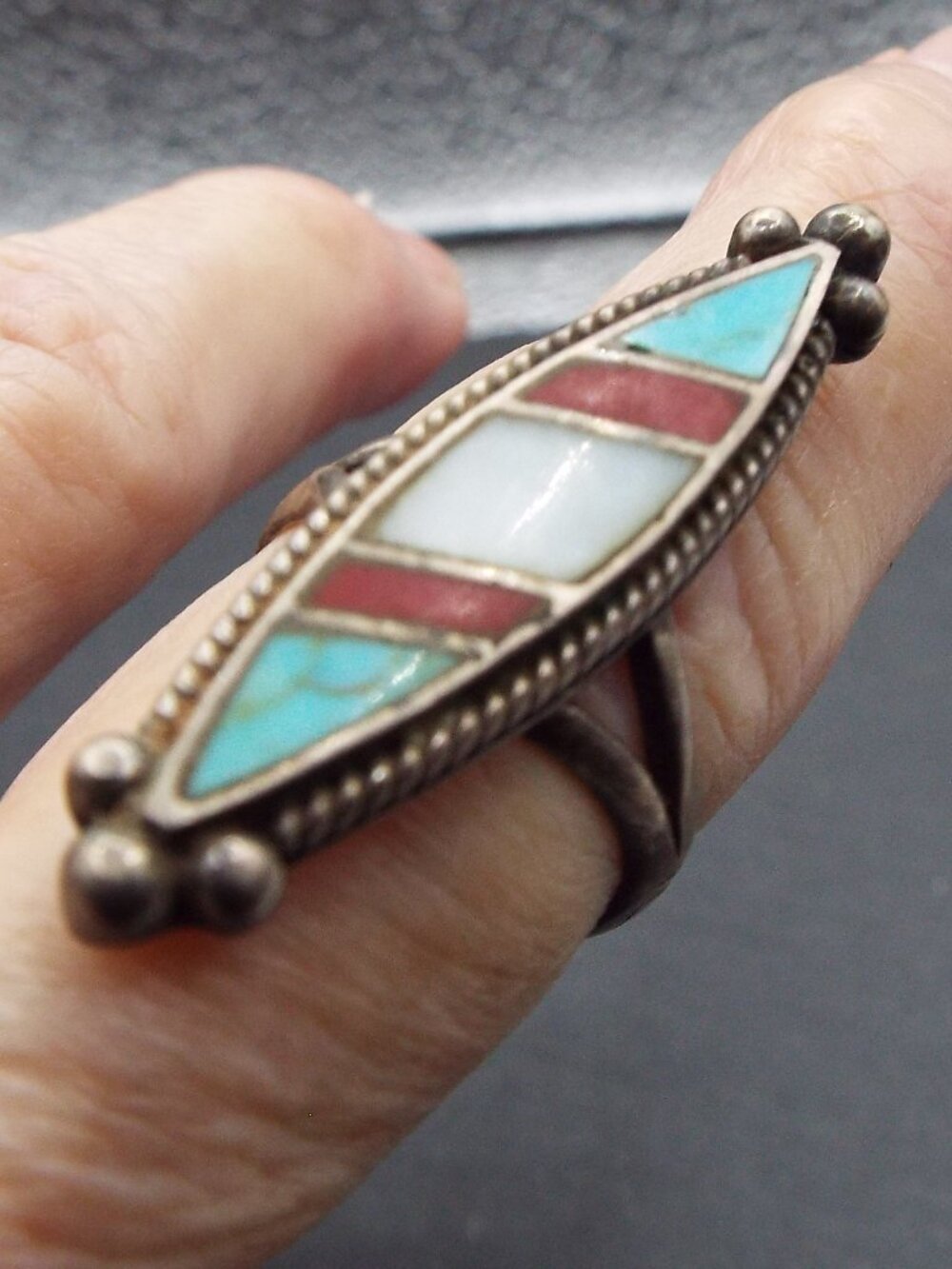 IKE WILSON NAVAJO TURQUOISE, CARNELLIAN & JET STERLING ELLIPSE SZ. 6.25 RING 15
